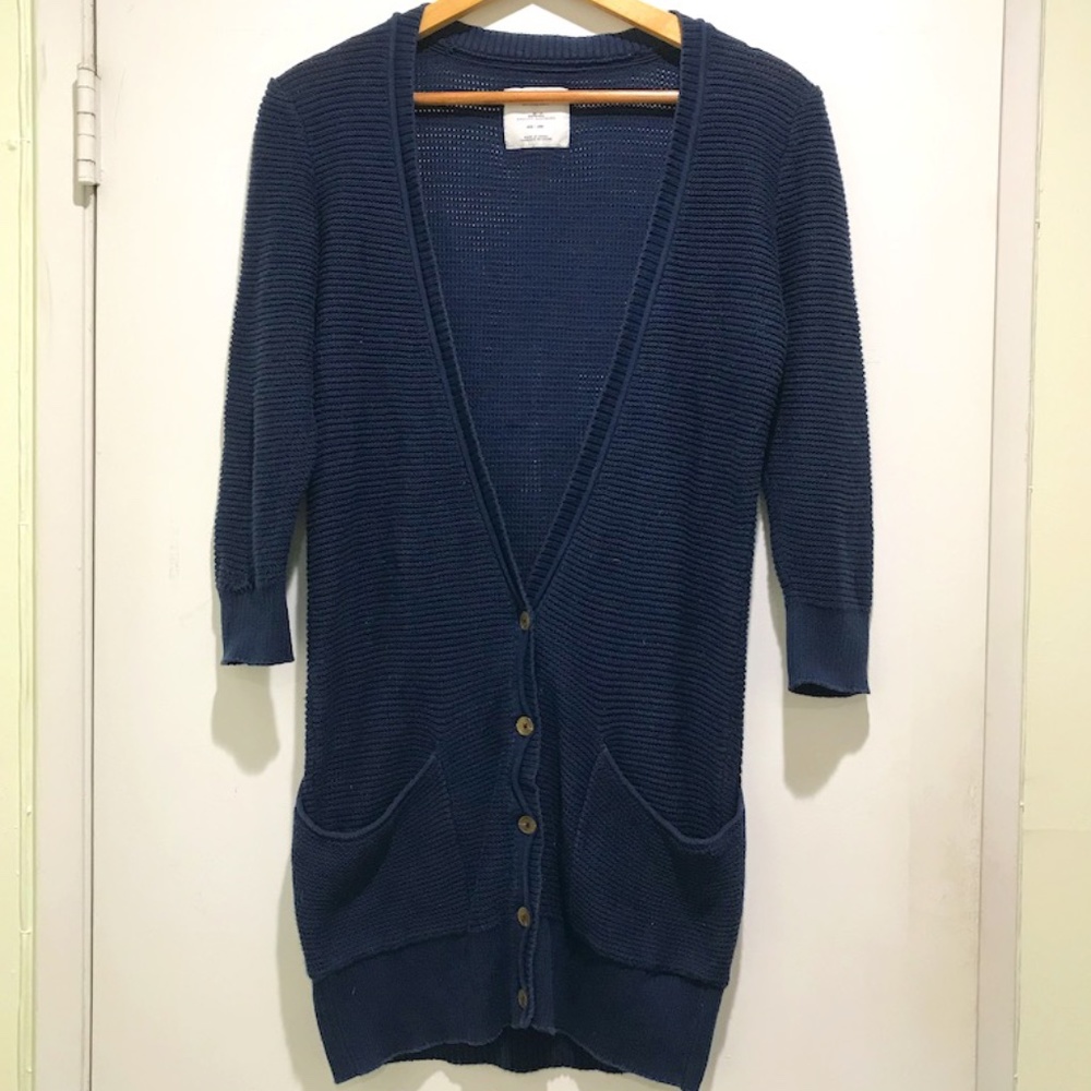 AEO Navy Knit Long Cardigan Sweater With Pockets
